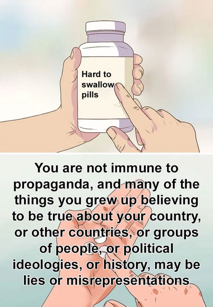 61 "Hard to Swallow Pills" Memes - "You are not immune to propaganda, and many of the things you grew up believing to be true about your country, or other countries, or groups of people, or political ideologies, or history, may be lies or misrepresentations."