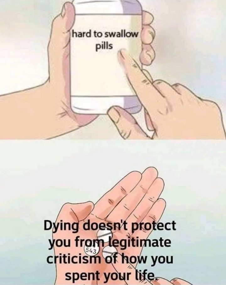 61 "Hard to Swallow Pills" Memes - "Dying doesn't protect you from legitimate criticism of how you spent your life."