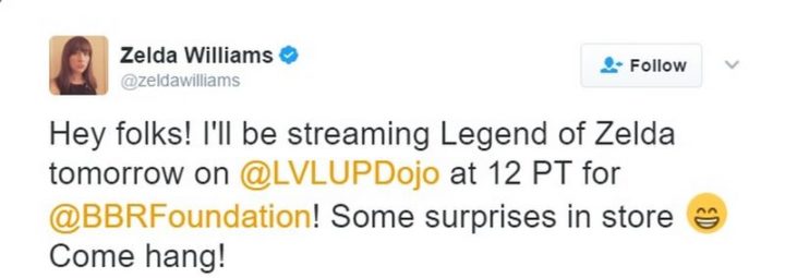 Zelda Williams announced on Twitter that she will be playing Legend of Zelda on March 9th, 2017 at noon PT for charity.