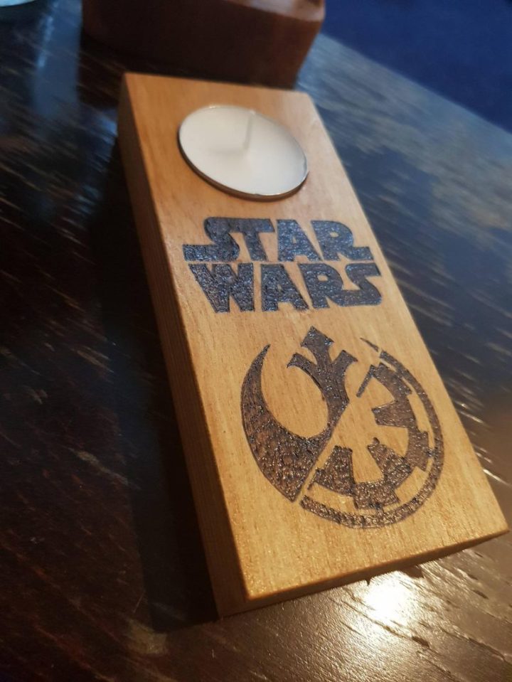 Handmade Woodburned Star Wars Tealight Holder.