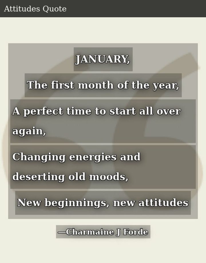 "JANUARY, The first month of the year, A perfect time to start all over again, Changing energies and deserting old moods, New beginnings, new attitudes." - Charmaine J. Forde