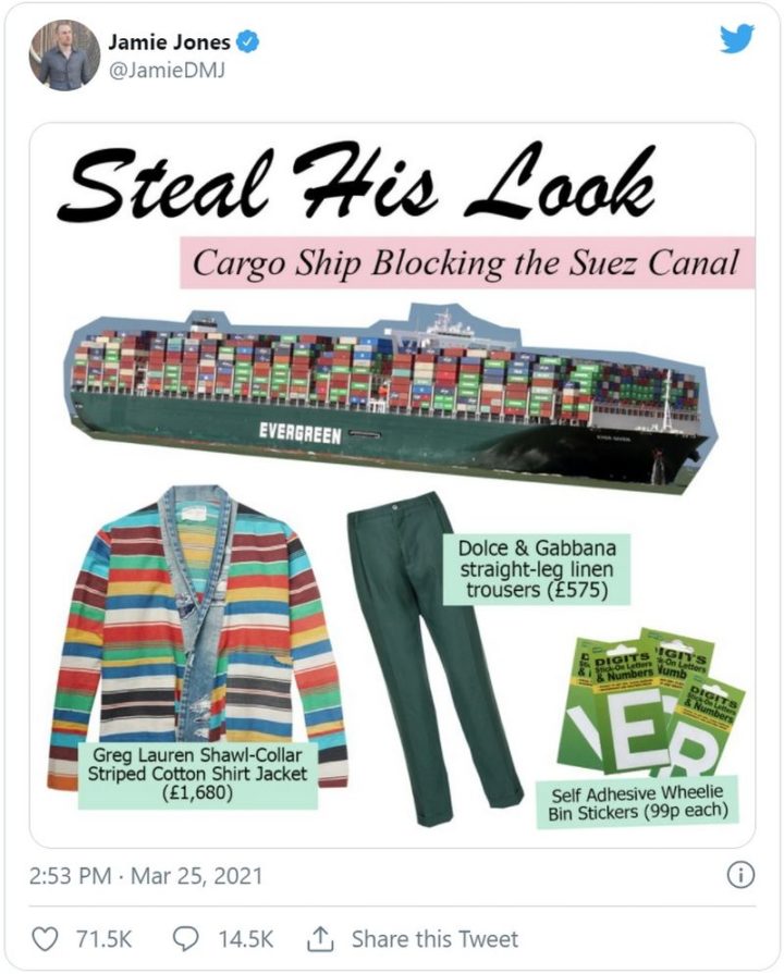 "Steal His Look - Cargo Ship Blocking the Suez Canal. Greg Lauren Shawl-Collar Striped Cotton Shirt Jacket (1,680). Dolce & Gabbana straight-leg linen trousers (575). Self Adhesive Wheelie Bin Stickers (99p each)."
