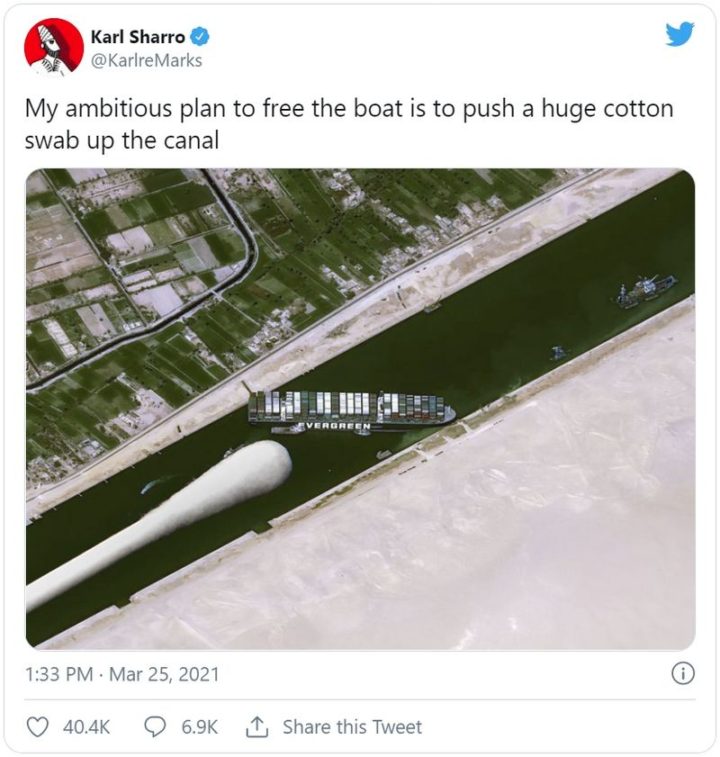 "My ambitious plan to free the boat is to push a huge cotton swab up the canal."