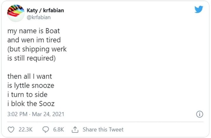 "My name is Boat and wen im tired (but shipping werk is still required) then all I want is lyttle snooze i turn to side i blok the Sooz."