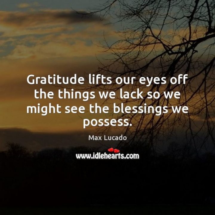 "Gratitude lifts our eyes off the things we lack so we might see the blessings we possess." - Max Lucado