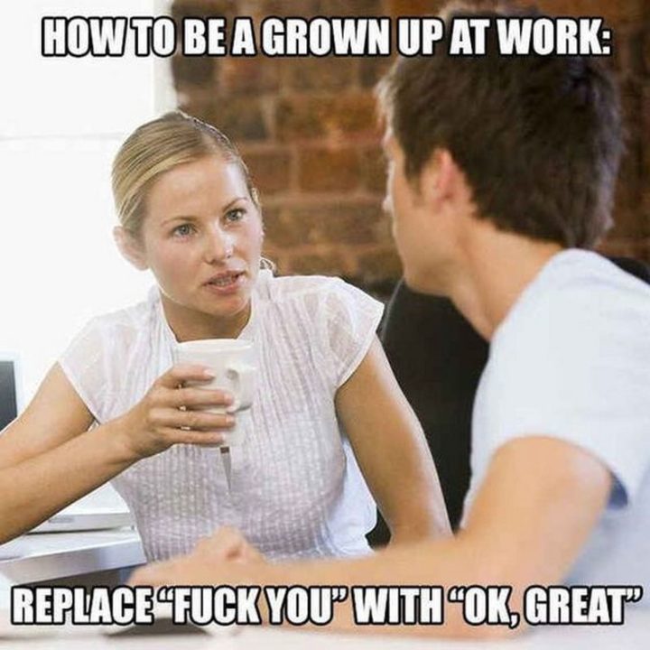 "How to be a grown-up at work: Replace "[censored] you" with "Ok, great"."
