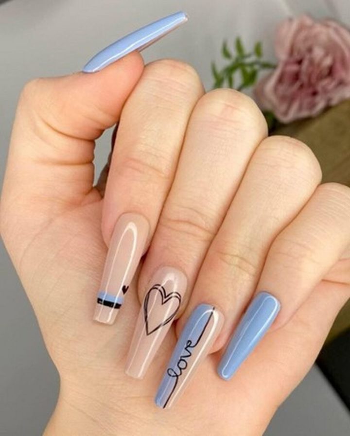Blue Long Acrylic Valentine’s Day Nails.