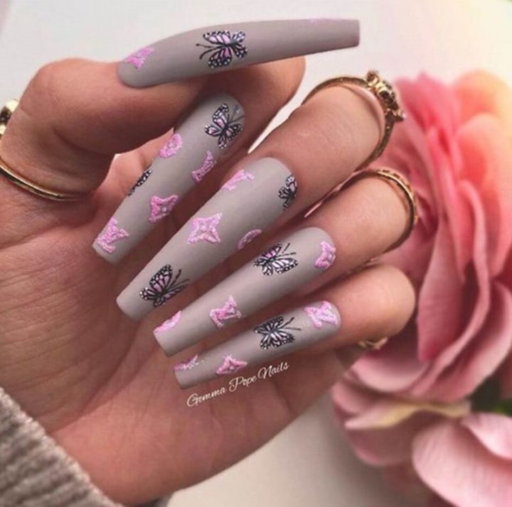 Long Grey Butterfly Nail Designs.