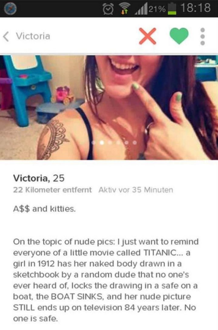 39 Funny Tinder Bios - "A$$ and kitties. On the topic of nude pics: I just want to remind everyone of a little movie called TITANIC...a girl in 1912 has her naked body drawn in a sketchbook by a random dude that no one's ever heard of, locks the drawing in a safe on a boat, the BOAT SINKS, and her nude picture STILL ends up on television 84 years later. No one is safe."