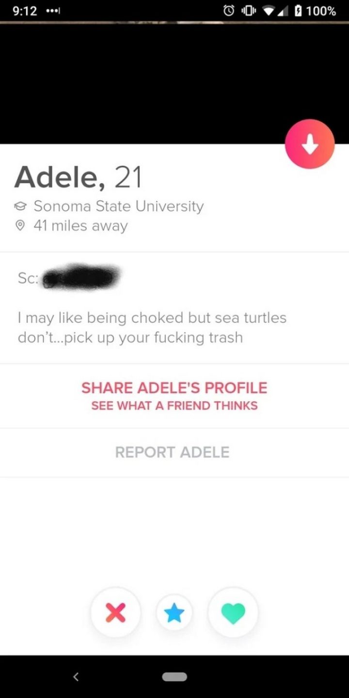 "I may like being chocked but sea turtles don't...pick up your [censored] trash."