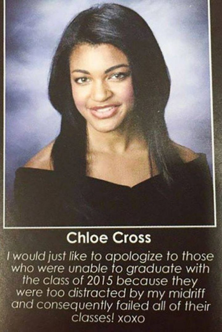 "I would just like to apologize to those who were unable to graduate with the class of 2015 because they were too distracted by my midriff and consequently failed all of their classes! xoxo"
