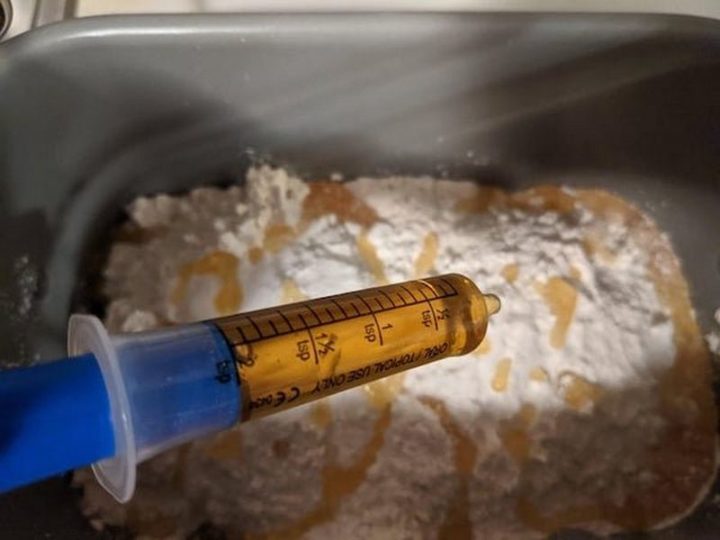 "Use a medication syringe to measure honey for baking recipes."