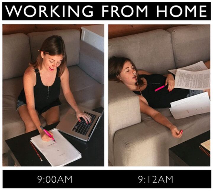 "Working from home: 9:00am vs 9:12am."