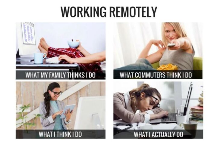 "Working remotely. What my family thinks I do. What commuters think I do. What I think I do. What I actually do."