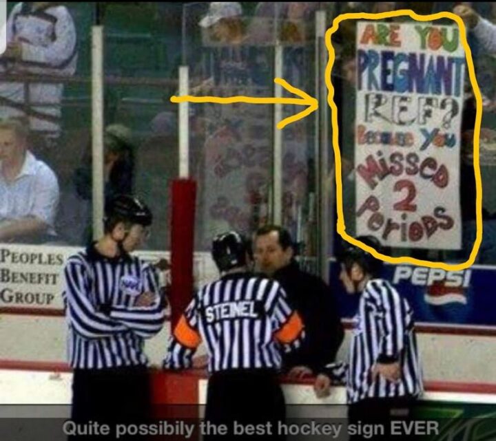 "Quite possibly the best hockey sign EVER: Are you pregnant, ref? Because you missed 2 periods."