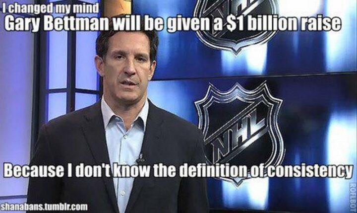 75 Funny Hockey Memes - "Gary Bettman will be given a $1 billion raise because I don't know the definition of consistency."