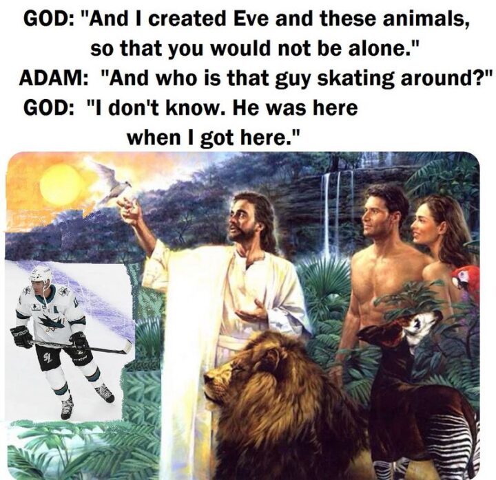 "God: And I created Eve and these animals so that you would not be alone. Adam: And who is that guy skating around? God: I don't know. He was here when I got here."