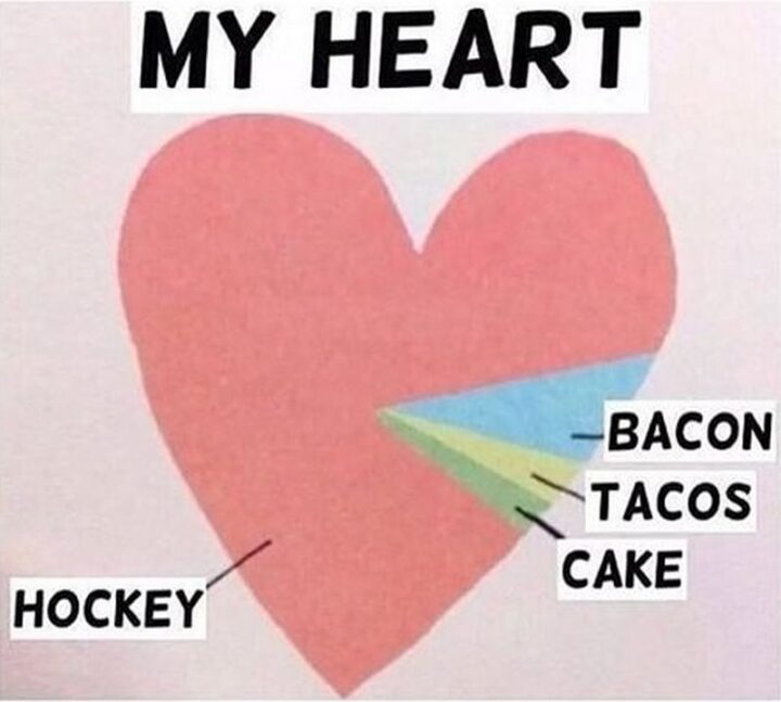 "My heart: Bacon, cake, tacos, and hockey."