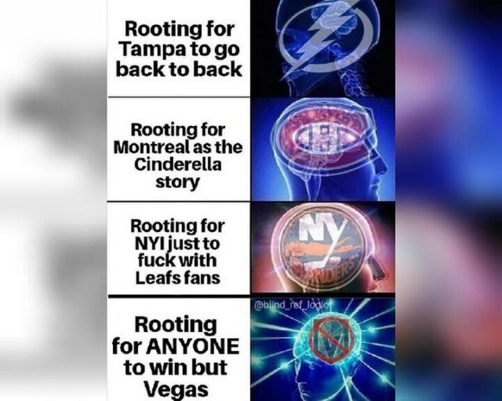 "Rooting for Tampa Bay Lightning to go back to back. Rooting for the Montreal Canadiens as the Cinderella story. Rooting for the New York Islanders just to [censored] with Toronto Maple Leafs fans. Rooting for ANYONE to win but Vegas Golden Knights. 