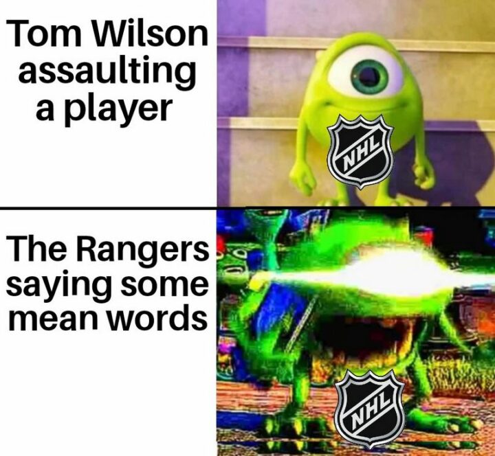 "Tom Wilson assaulting a player. The New York Rangers saying some mean words."