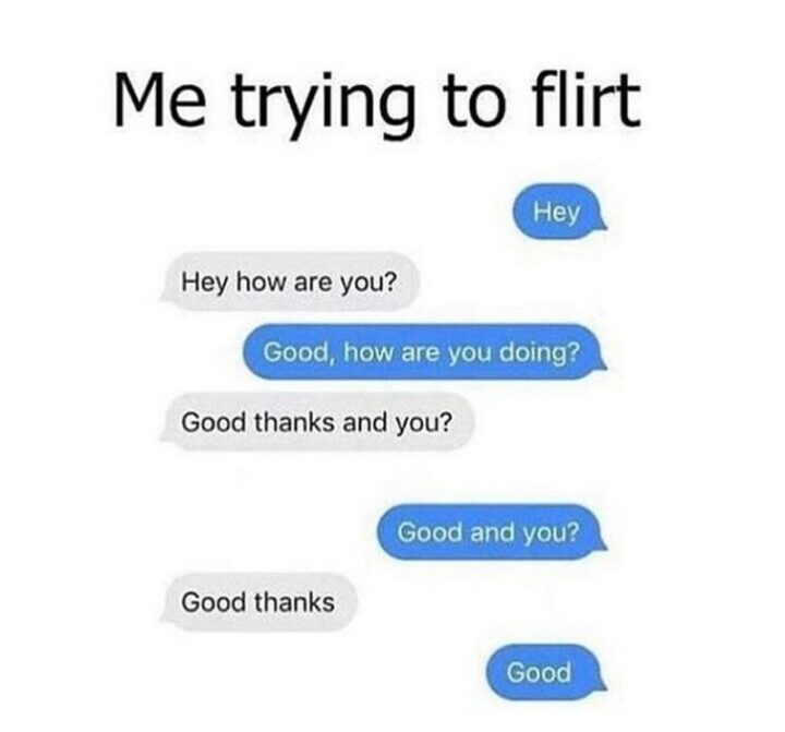 "Me trying to flirt: Hey. Hey, how are you? Good, how are you doing? Good thanks and you? Good and you? Good thanks. Good."