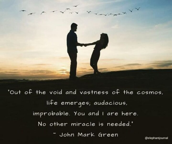 57 Good Vibes Quotes - "Out of the void and vastness of the cosmos, life emerges; audacious, improbable. You and I are here. No other miracle is needed." - John Mark Green