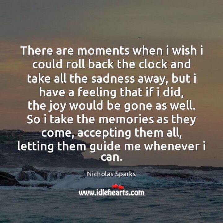 "There are moments when I wish I could roll back the clock and take all the sadness away, but I have the feeling that if I did, the joy would be gone as well." - Nicholas Sparks