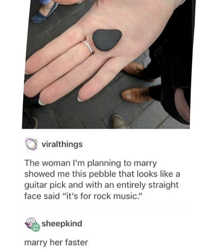 "The woman I'm planning to marry showed me this pebble that looks like a guitar pick with an entirely straight face said 'It's for rock music'. Marry her faster."