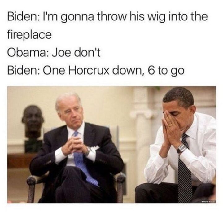 63 Harry Potter Memes - "Biden: I'm gonna throw his wig into the fireplace. Obama: Joe, don't. Biden: One Horcrux down, 6 to go."