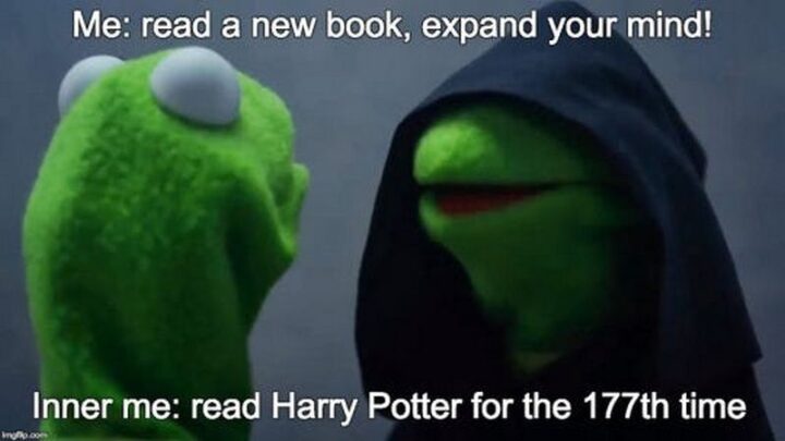 "Me: Read a new book, expand your mind! Inner me: Read Harry Potter for the 177th time."
