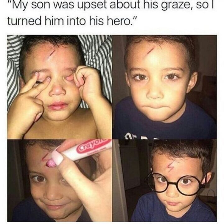 "My son was upset about his graze, so I turned him into his hero."