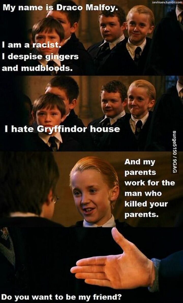 "My name is Draco Malfoy. I am a racist. I despise gingers and mudbloods. I hate Gryffindor's house. And my parents work for the man who killed your parents. Do you want to be my friend?"