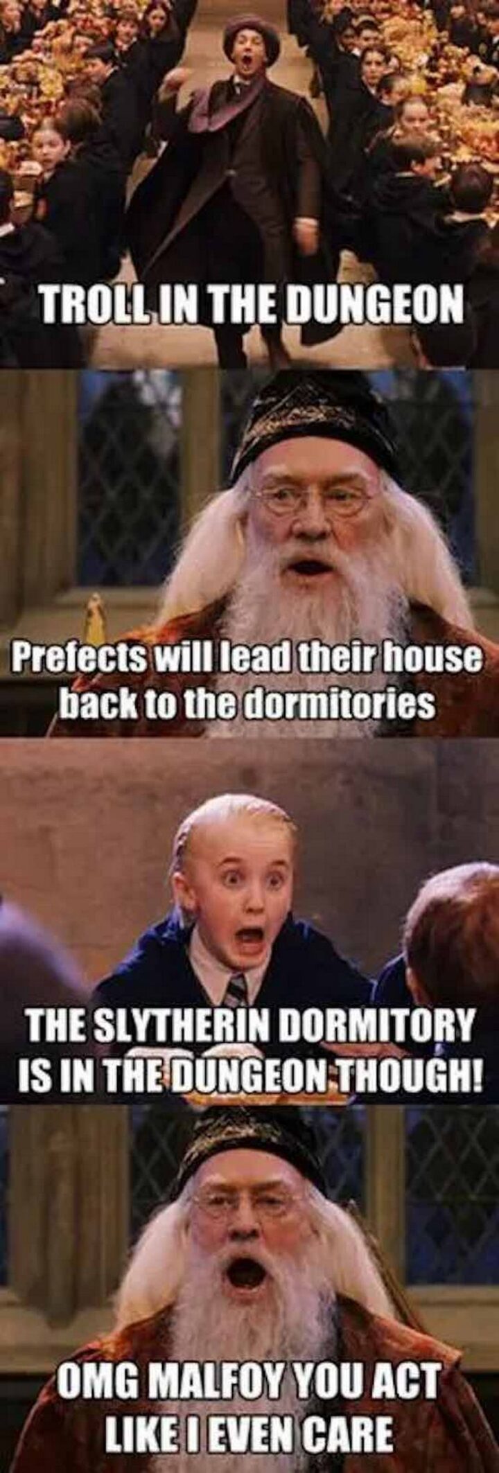 "Troll in the dungeon. Prefects will lead their house back to the dormitories. The Slytherin dormitory is in the dungeon though! OMG Malfoy you act like I even care."