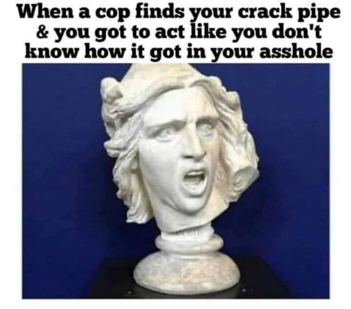 69 Inappropriate Memes - "When a cop finds your crack pipe and you got to act like you don't know how it got in your [censored]."