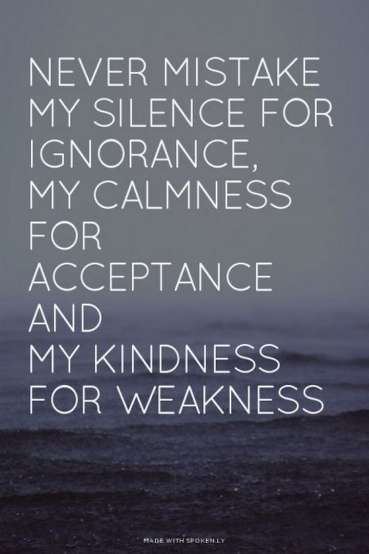 "Never mistake my silence for ignorance, my calmness for acceptance, and my kindness for weakness."