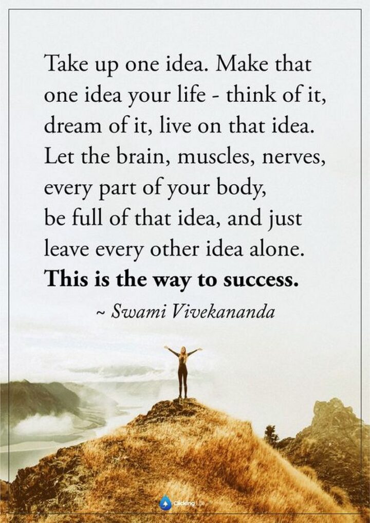 "Take up one idea. Make that one idea your life–think of it, dream of it, live on that idea. Let the brain, muscles, nerves, every part of your body, be full of that idea, and just leave every other idea alone. This is the way to success." - Swami Vivekananda