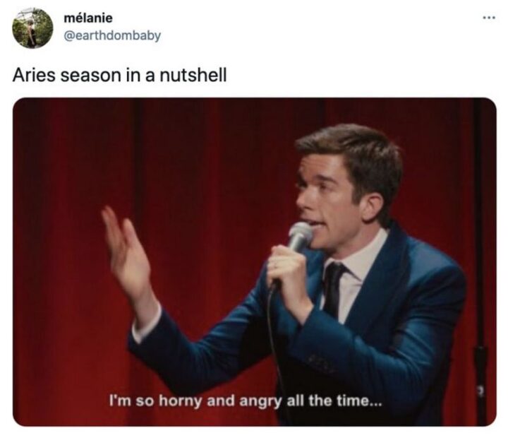"Aries season in a nutshell: I'm so horny and angry all the time..."