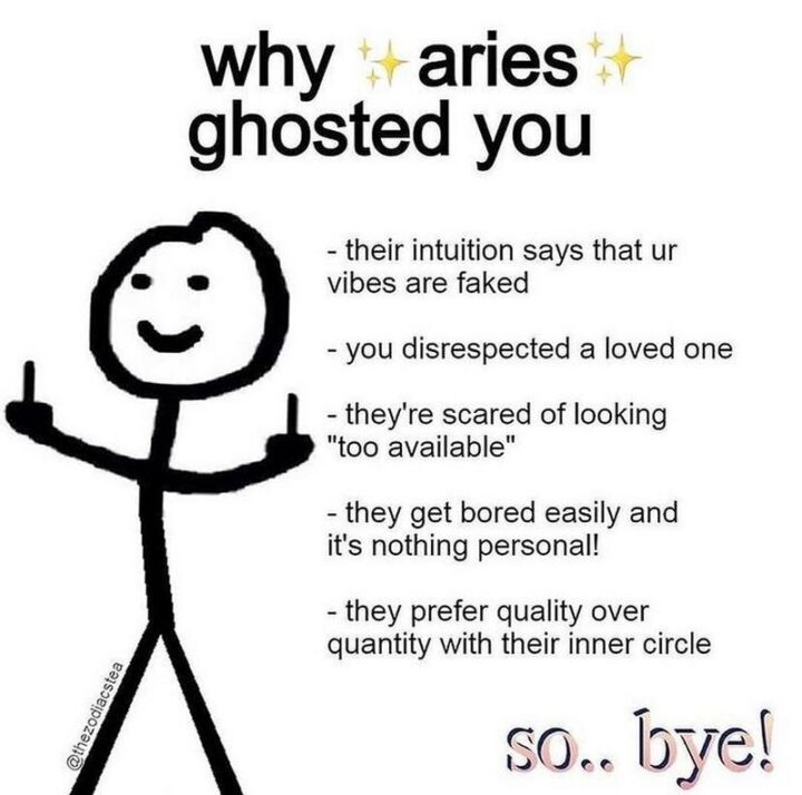 "Why Aries ghosted you: Their intuition says that ur vibes are faked. You disrespected a loved one. They're scared of looking 'too available'. They get bored easily and it's nothing personal! They prefer quality over quantity with their inner circle."