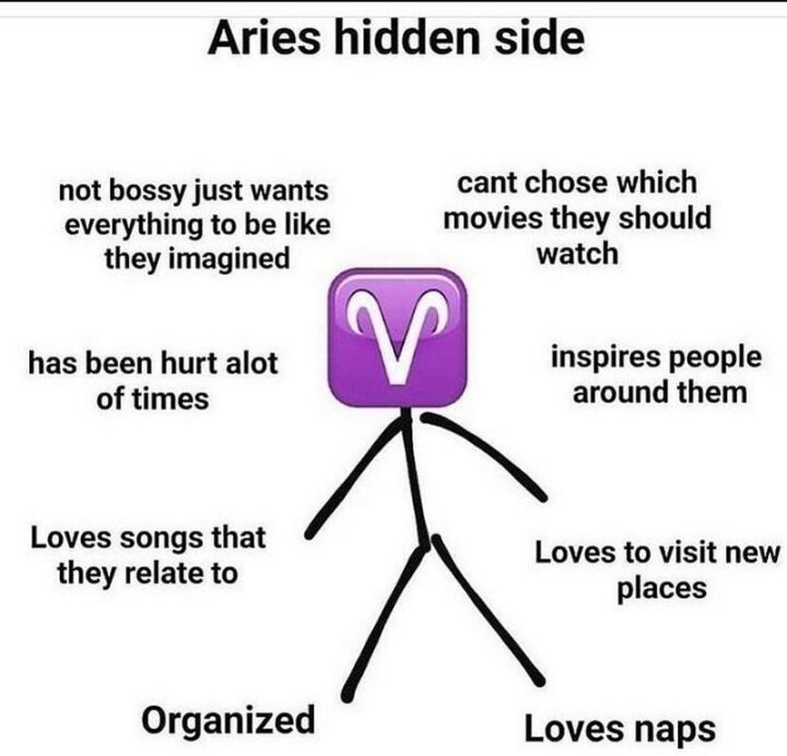 "Aries hidden side: Not bossy just wants everything to be like they imagined. Has been hurt a lot of times. Loves songs that they relate to. Organized. Can't choose which movies they should watch. Inspires people around them. Loves to visit new places. Loves naps."