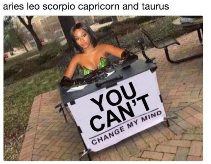 "Aries, Leo, Scorpio, Capricorn, and Taurus: You can't change my mind."