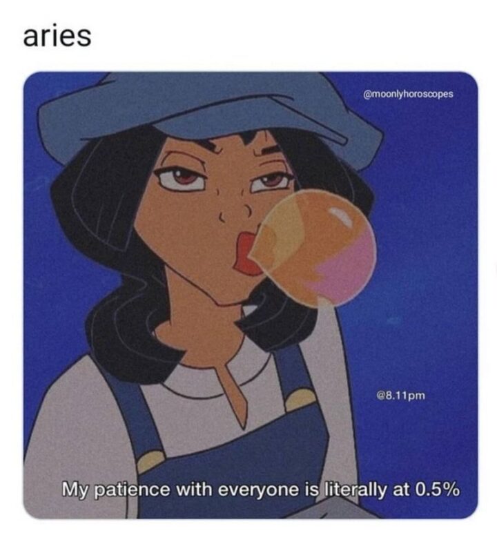 "Aries: My patience with everyone is literally at 0.5%."