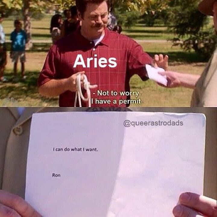 "Aries: Not to worry. I have a permit. I can do what I want. Ron."