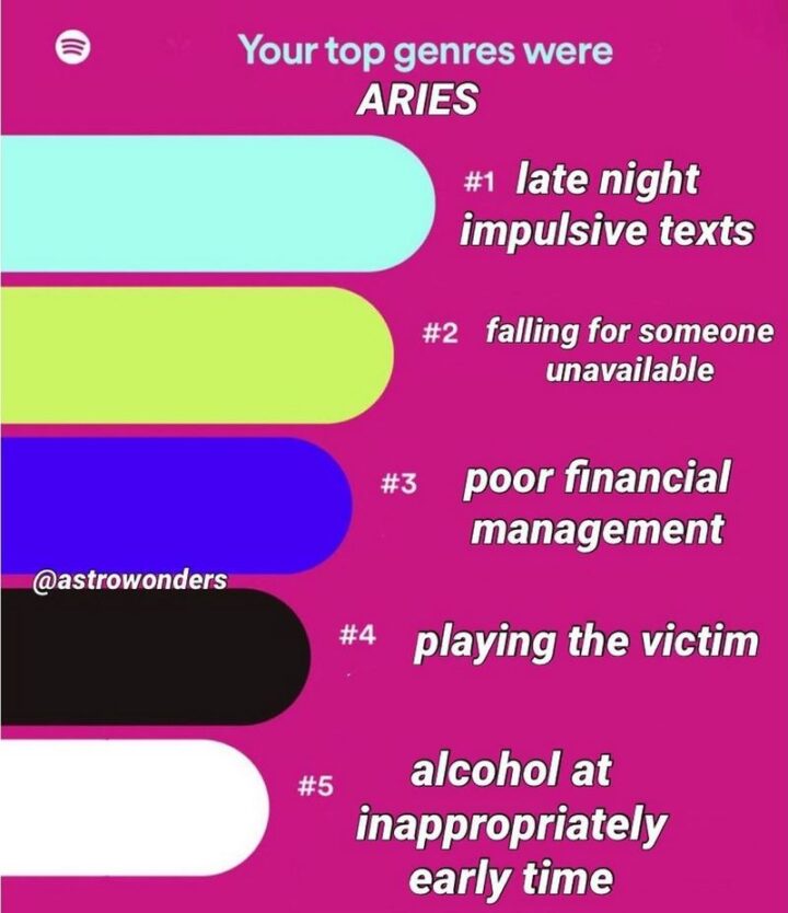 "Your top genres were Aries. Late-night impulsive texts. Falling for someone unavailable. Poor financial management. Playing the victim. Alcohol at an inappropriately early time. 
