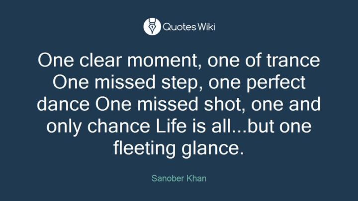 "One clear moment, one of trance. One missed step, one perfect dance. One missed shot, one and only chance. Life is all...but one fleeting glance." - Sanober Khan