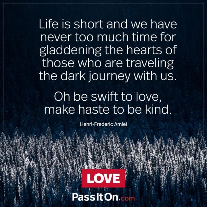 "Life is short and we have never too much time for gladdening the hearts of those who are traveling the dark journey with us. Oh, be swift to love, make haste to be kind." - Henri Frederic Amiel