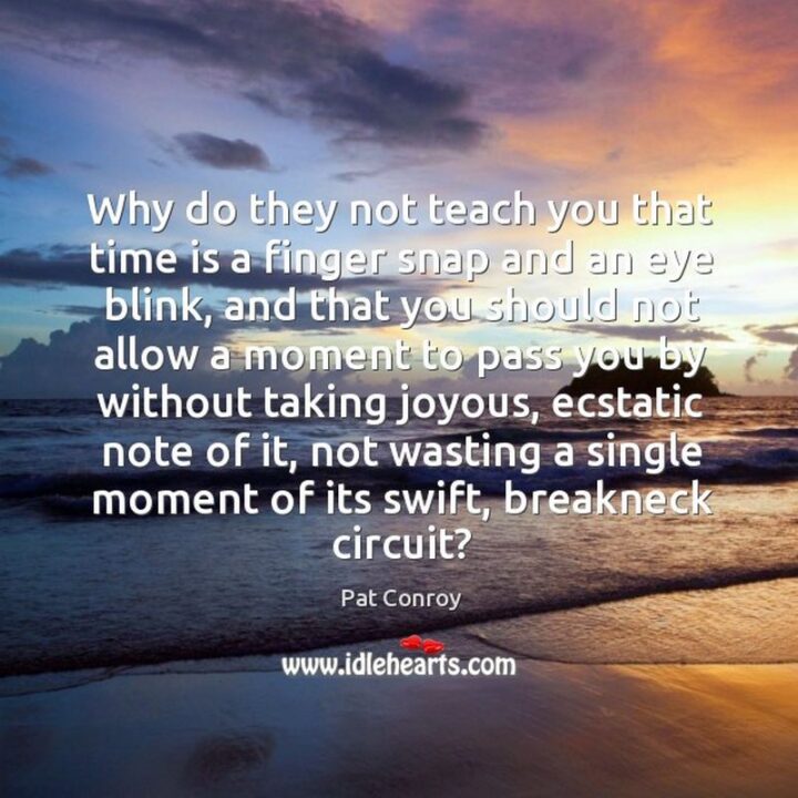 "Why do they not teach you that time is a finger snap and an eye blink, and that you should not allow a moment to pass you by without taking joyous, ecstatic note of it, not wasting a single moment of its swift, breakneck circuit?" - Pat Conroy