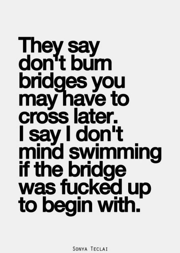 69 Sassy Quotes - "They say don't burn bridges you may have to cross later. I say I don't mind swimming if the bridge was [censored] up to begin with."