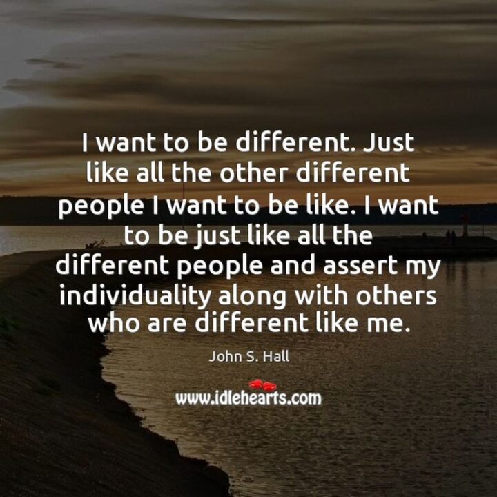 "I want to be different. Just like all the other different people I want to be like. I want to be just like all the different people and assert my individuality along with others who are different like me." - John S. Hall