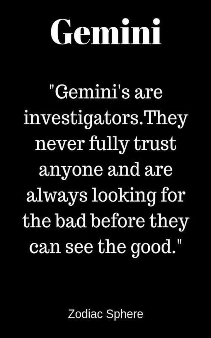 "Gemini's are investigators. They never fully trust anyone and are always looking for the bad before they can see the good."