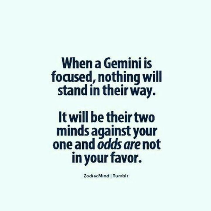 "When a Gemini is focused, nothing will stand in their way. It will be their two minds against your one and odds are not in your favor."